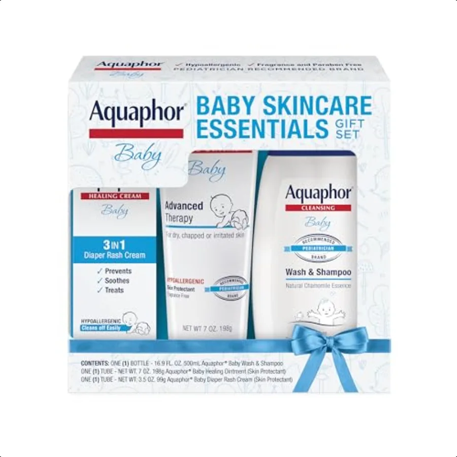 

Aquaphor Baby Skin Care entials Gift Set with Baby Wash and Shampoo 16.9 Fl Oz + Healing Ointment for Chapped Skin and Drool Ra