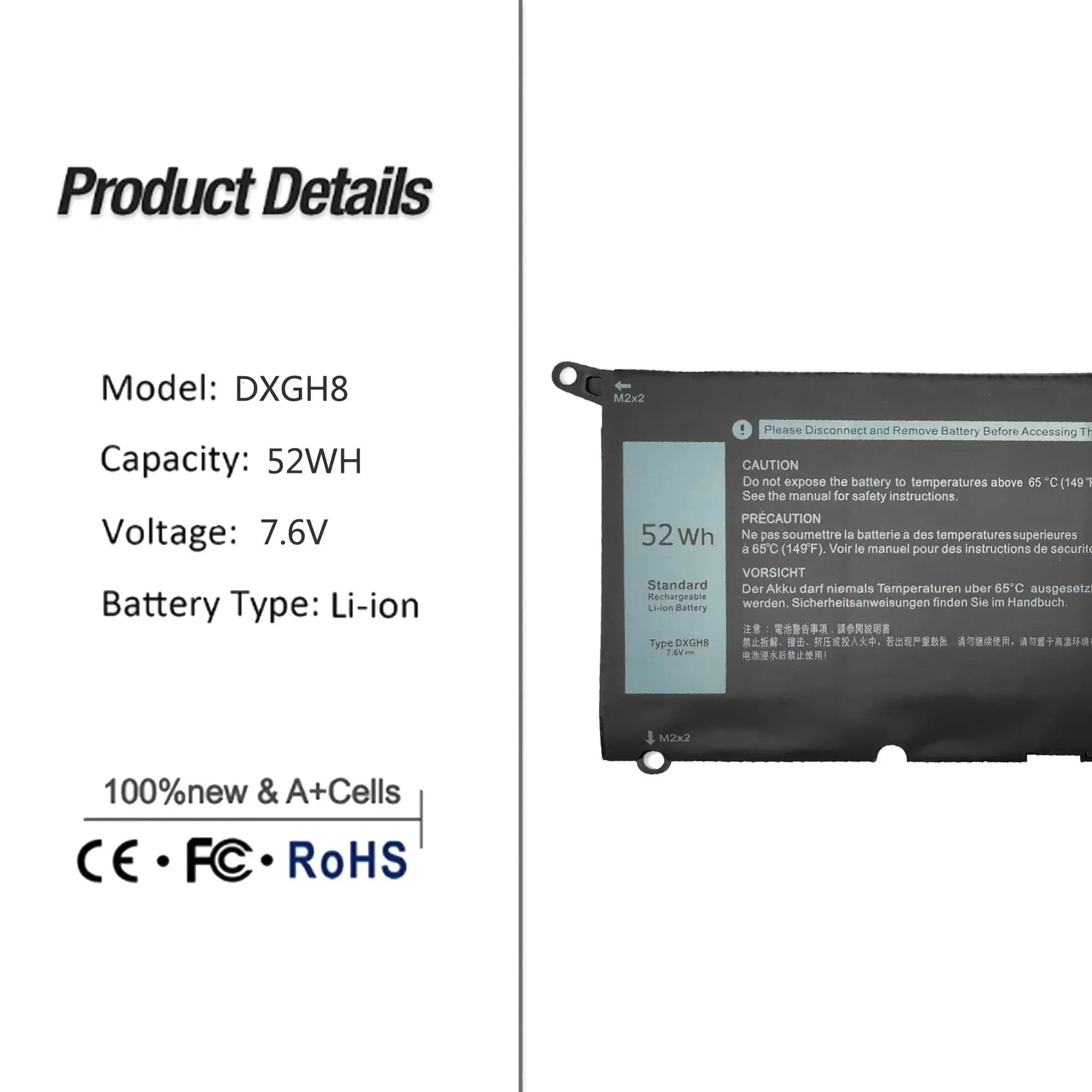 Imagem -03 - Bateria para Dell em Dell Xps 13 9370 93802023 Inspiron 13 7390 7391 5390 5390 5391 Latitude 3301 E3301 Vostro 5390 H754v Dxgh8