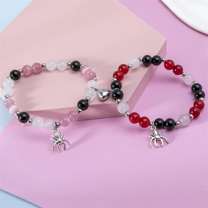 YEYULIN 2PCS/SET Bracelet Spider Charms Bracelet Love Heart Magnetic Suction Natural Stone Beaded Bracelet Couple Bracelet