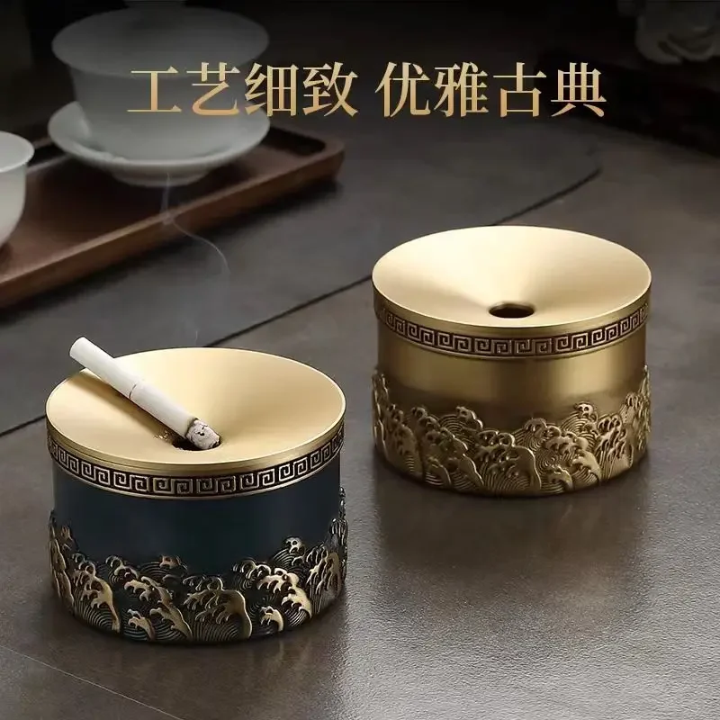 ashtray with lid, retro home wave anti-fly ash ashtray, personalized and creative, high-end ornament in the living room