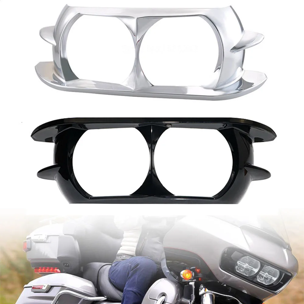 1pc Schwarz/Chrom Dual Scheinwerfer Scheinwerfer Trim Abdeckung Lünette Verkleidung Für Harley Road Glide 2015-2020