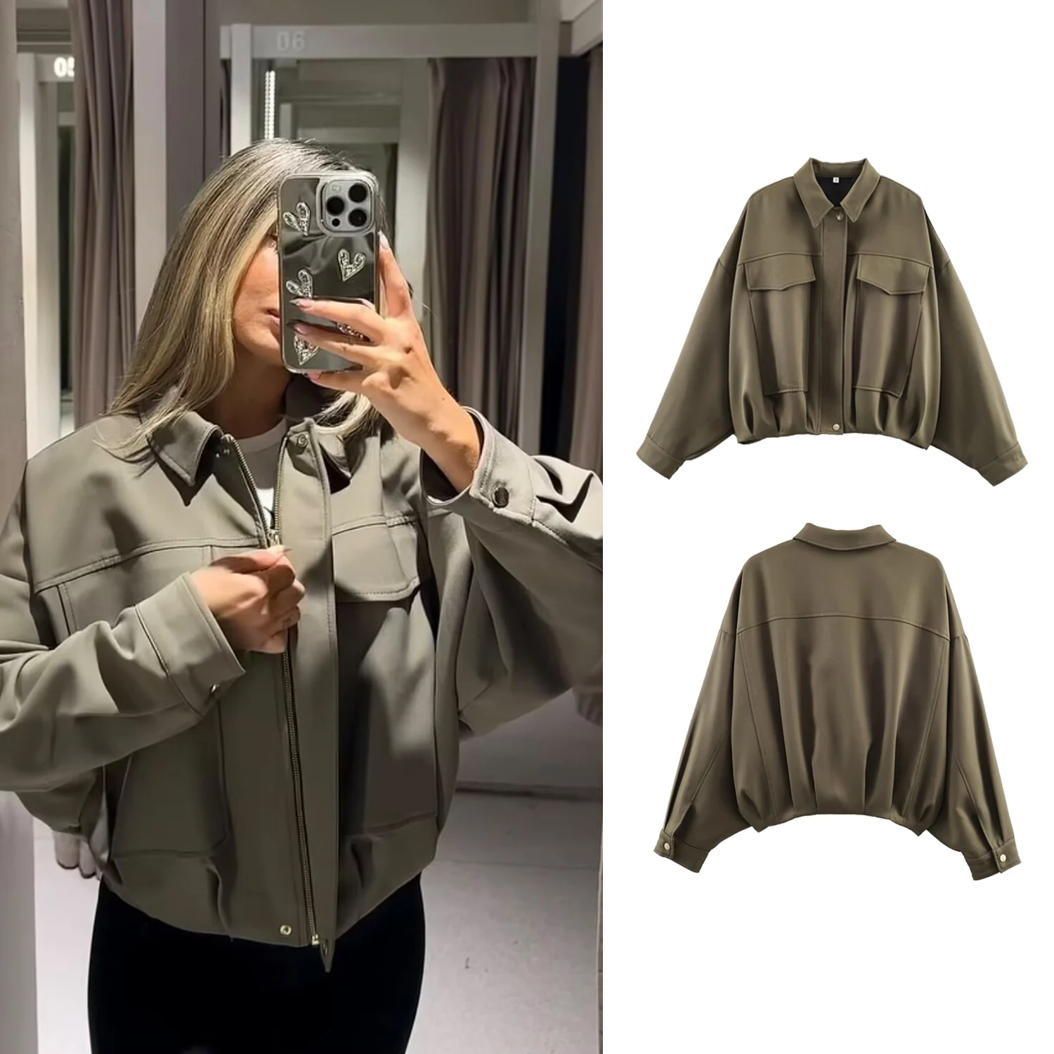 المرأة أزياء الجيش الأخضر فضفاض الطيار سترة معطف ربيع الخريف الإناث الجبهة بلاكيت سستة الستر سيدة أبلى معاطف عارضة