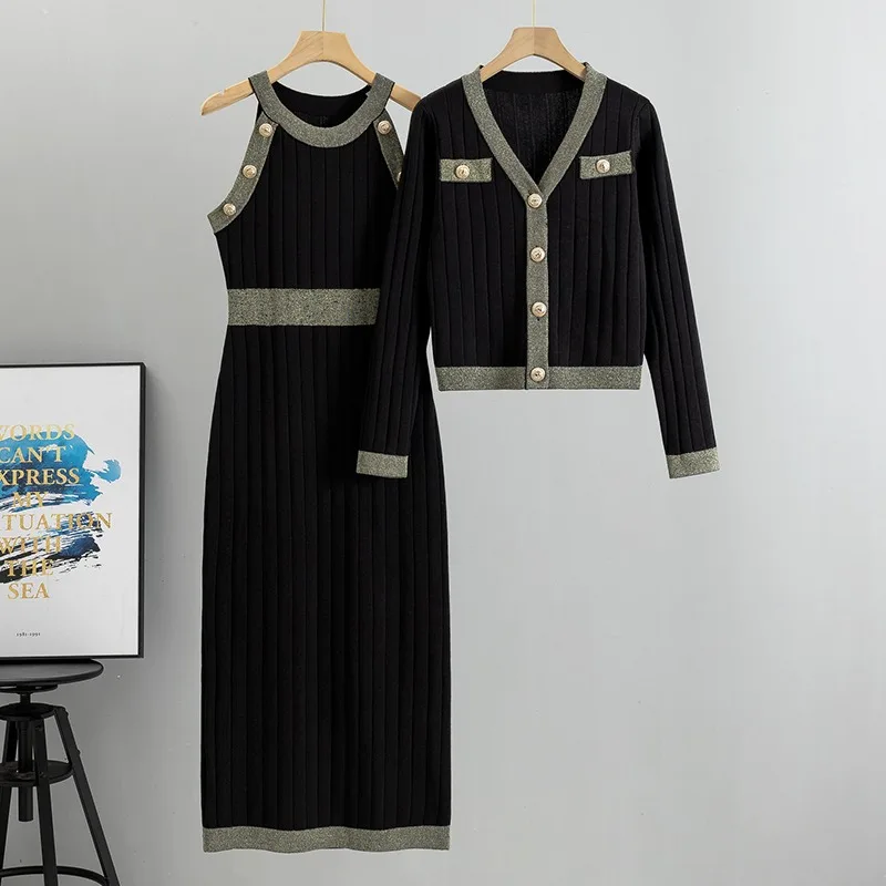 2024 Elegant Womens Sets Korean Fashion Knitted Cardigan Sleeveless Dress Two-piece Set New V-neck Casual Dress Sets