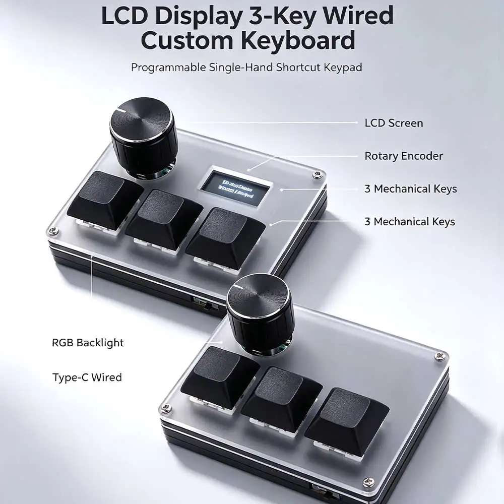 RGB Backlit Mini 3 Key Keypad Color Screen One Handed Hot Key Programmable Mechanical Keypad DIY Customized Program Compact