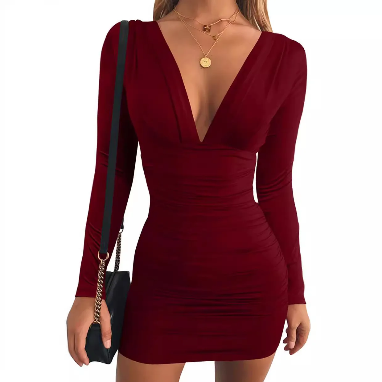 

VOLEEMI Women's Clothing Autumn Winter Tank Dresses Deep V Neck Slim Fit Long-sleeved High Waist Short Mini Hip-wrapped Dress