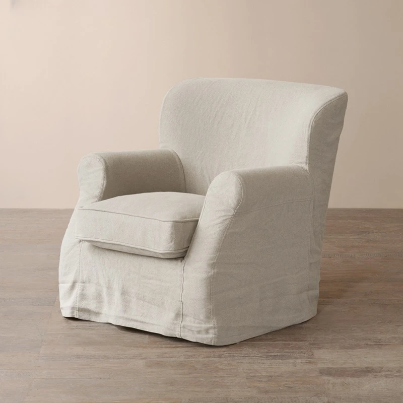 Nordic retro linen down single sofa, wabi-sabi wind bed and breakfast room white cotton and linen sofa