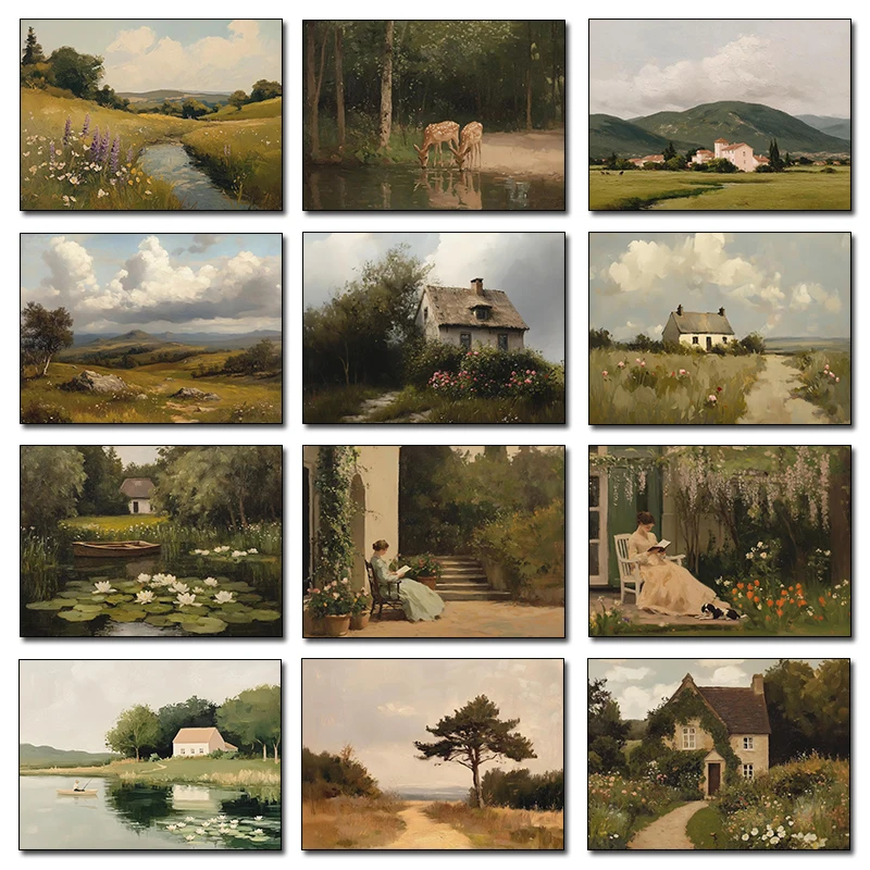 Vintage Classic Countryside Coastal Landscape Poster Serene Nature River House Field Wall Art for Gallery Living Room Home De