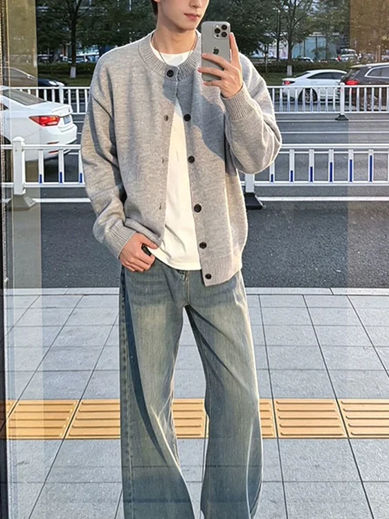 Slim Fit Long Sleeve Knitted Cardigan American Style Cleanfit round Neck Button up Jacket Thin Outerwear for Men Casual Wear