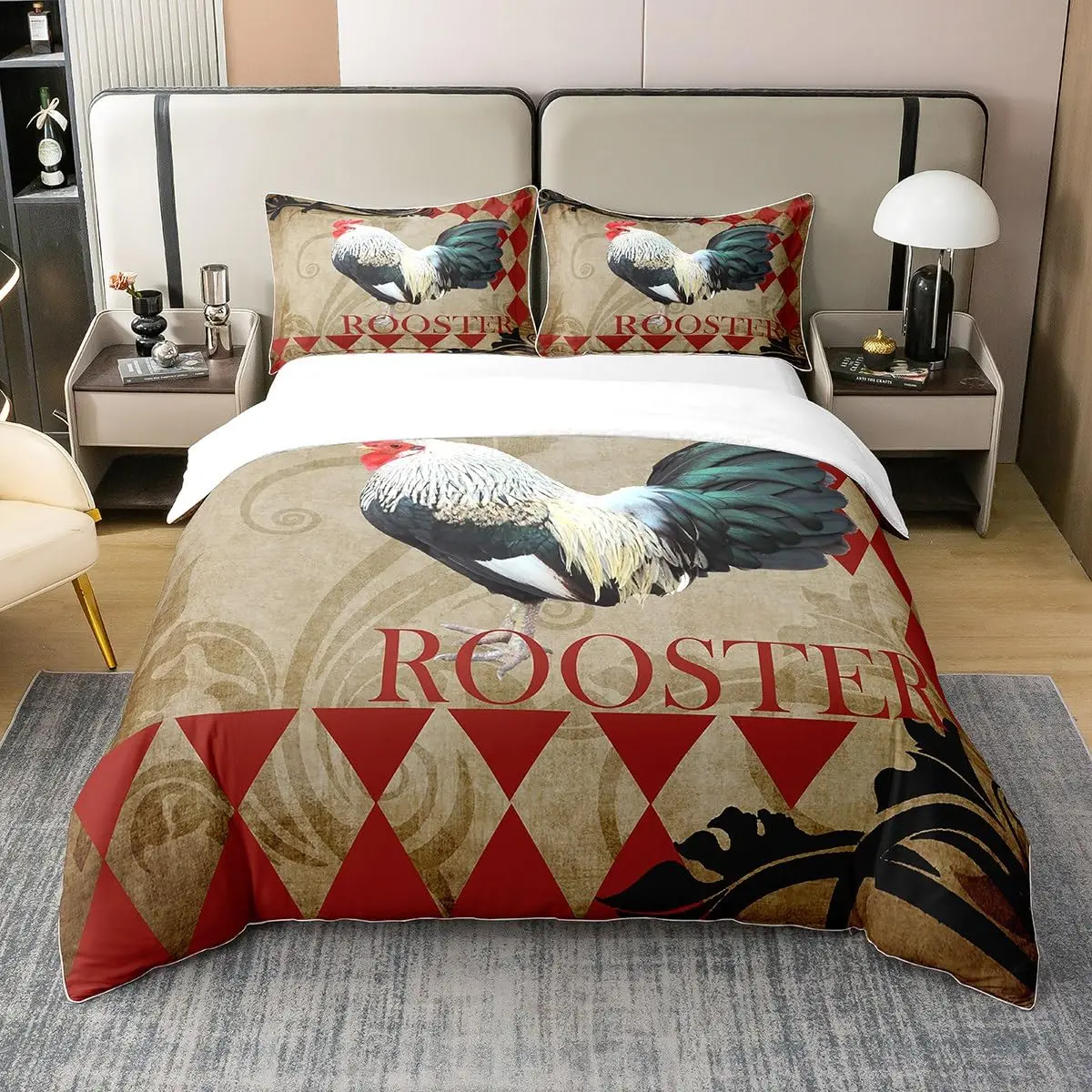 

Hen Rooster Print Bedding Duvet Cover Set Cute Chick Comforter Cover Set for Room Decor Full King Size with 2 Pillow Case 3 PCS