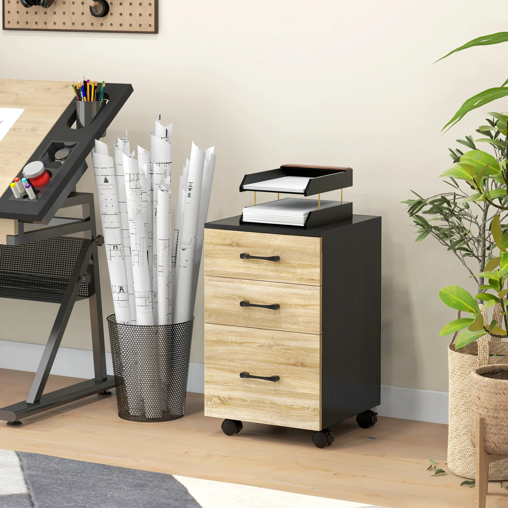 HOMCOM Cajonera de Oficina con 4 Ruedas 3 Cajones 40x42x65 cm Roble y Negro