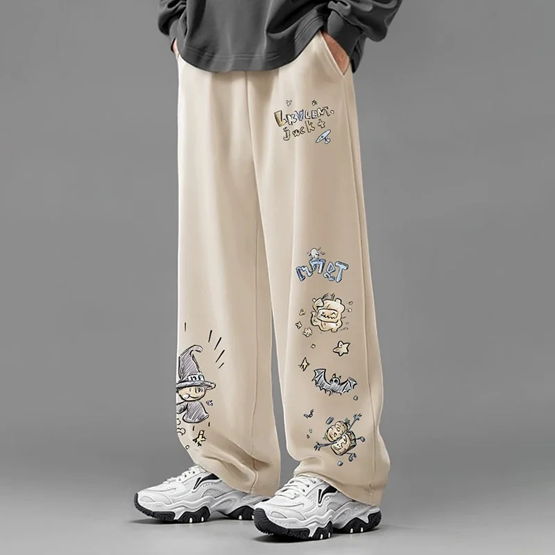 

American Retro Graffiti Print Casual Pants for Men, Spring and Autumn Trendy Brand Loose Plus-size Straight Wide-leg Long Pants