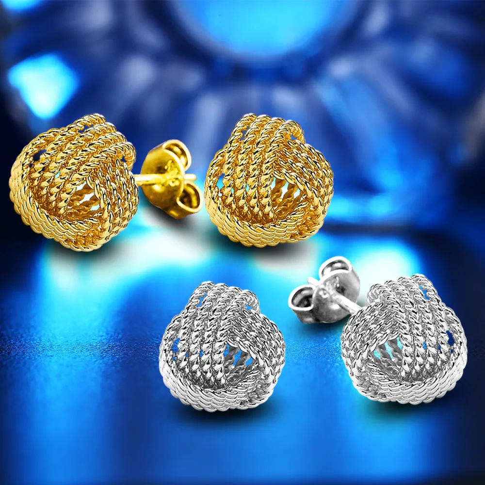 

Wholesale 50pair/lot Gold/ Silver Color 10MM Mesh Knot Stud Earrings for Women Fashion Womens Wedding Jewelry Bulk Factory Price