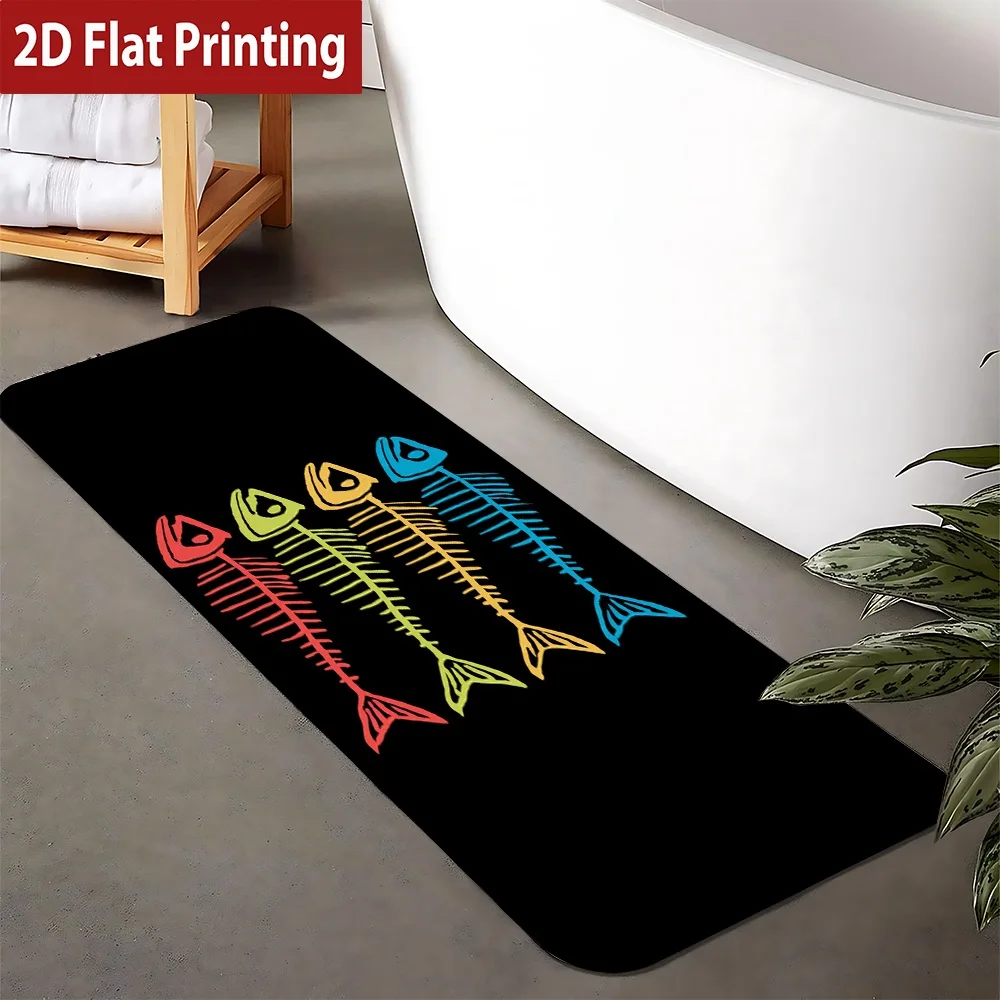 

Colorful Fish Skeleton Print Bath Mat, Non-Slip Washable Durable Runner Rug for Bathroom & Coastal Nautical Home Decor