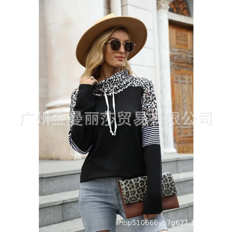 Autumn and Winter New Leopard Color Matching High-necked Long-sleeved Sweater T-shirt Women’s Printing New Fashion Street Style