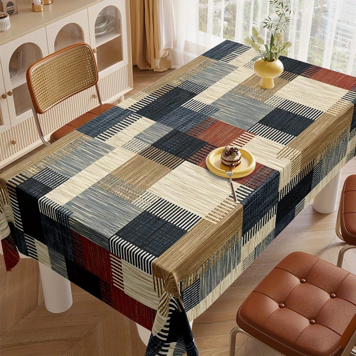 One piece of retro-style polyester tablecloth, featuring woodcut printing, available in multiple colors.zyc