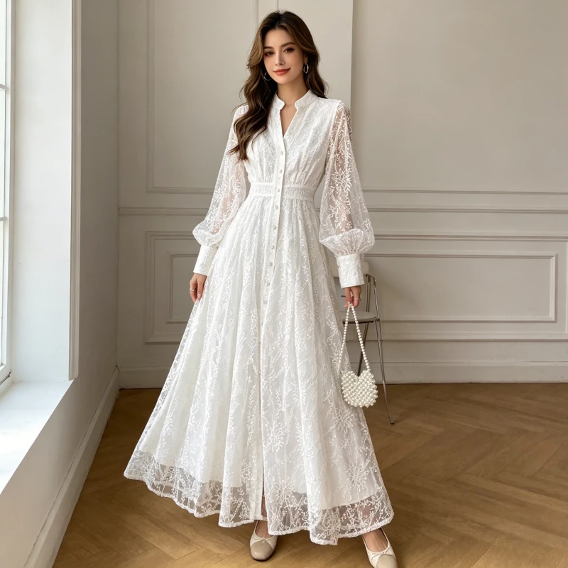 Langes Vintage-Kleid für Damen mit V-Ausschnitt, A-Linie, Laternenärmeln, Tailliertem Schnitt, Eleganter Stickerei, Netzspitze und Knöpfen, Elegantes Arbeitskleid 2026