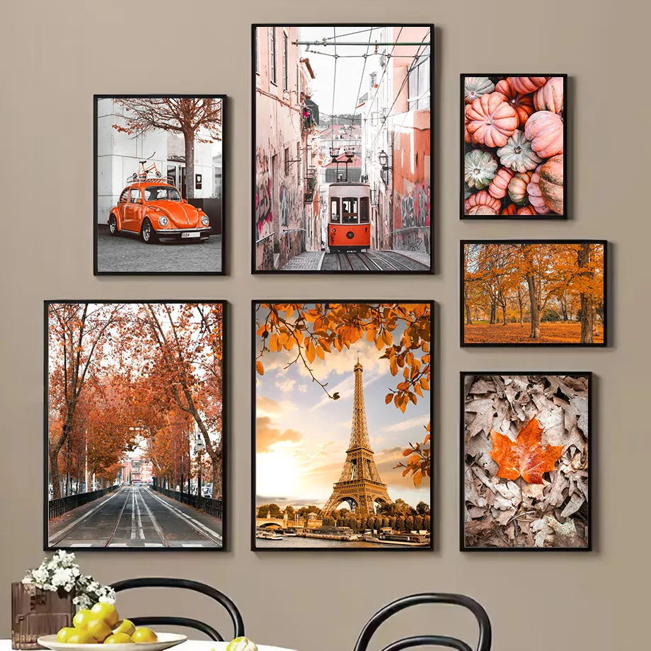 

Autumn Paris Street Leaves Landscape Poster Tram Car Paris Tower Canvas Painting Nordic Wall Art Print Picture Living Room Decor
