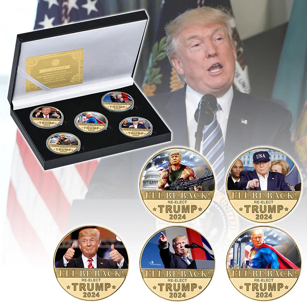 

5pcs Donald Trump Re-elect Golden Challenge Coins in Gift Box US 47th President Support Medal Holiday Gifts