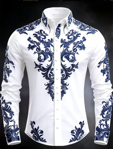 Men's Luxury Baroque Print White Satin Dress Shirt Long Sleeve Slim Fit Formal Business Party Button Down Shirt