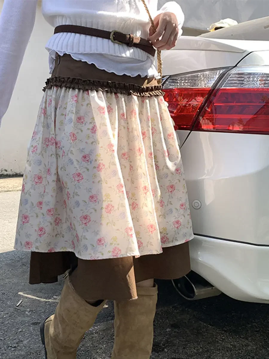 

Retro Lolita Girls Knee Length Floral Skirts Color Block Coffee Pleated Skirt Art Sweet Cute Edge Y2K Korean Women Full Skirts