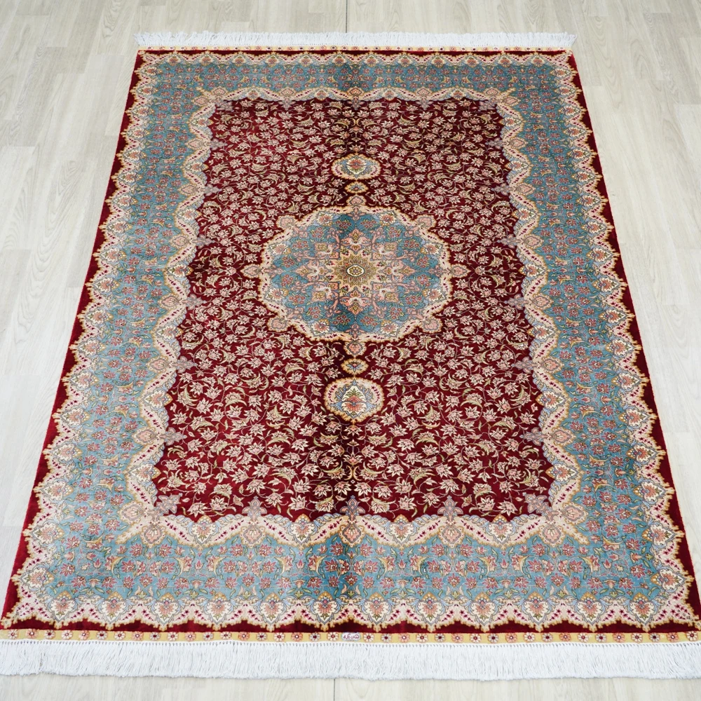 137x198cm Tabriz Carpet Red Medallion Handmade Exquisite Turkish Silk Rug (TJ728A)