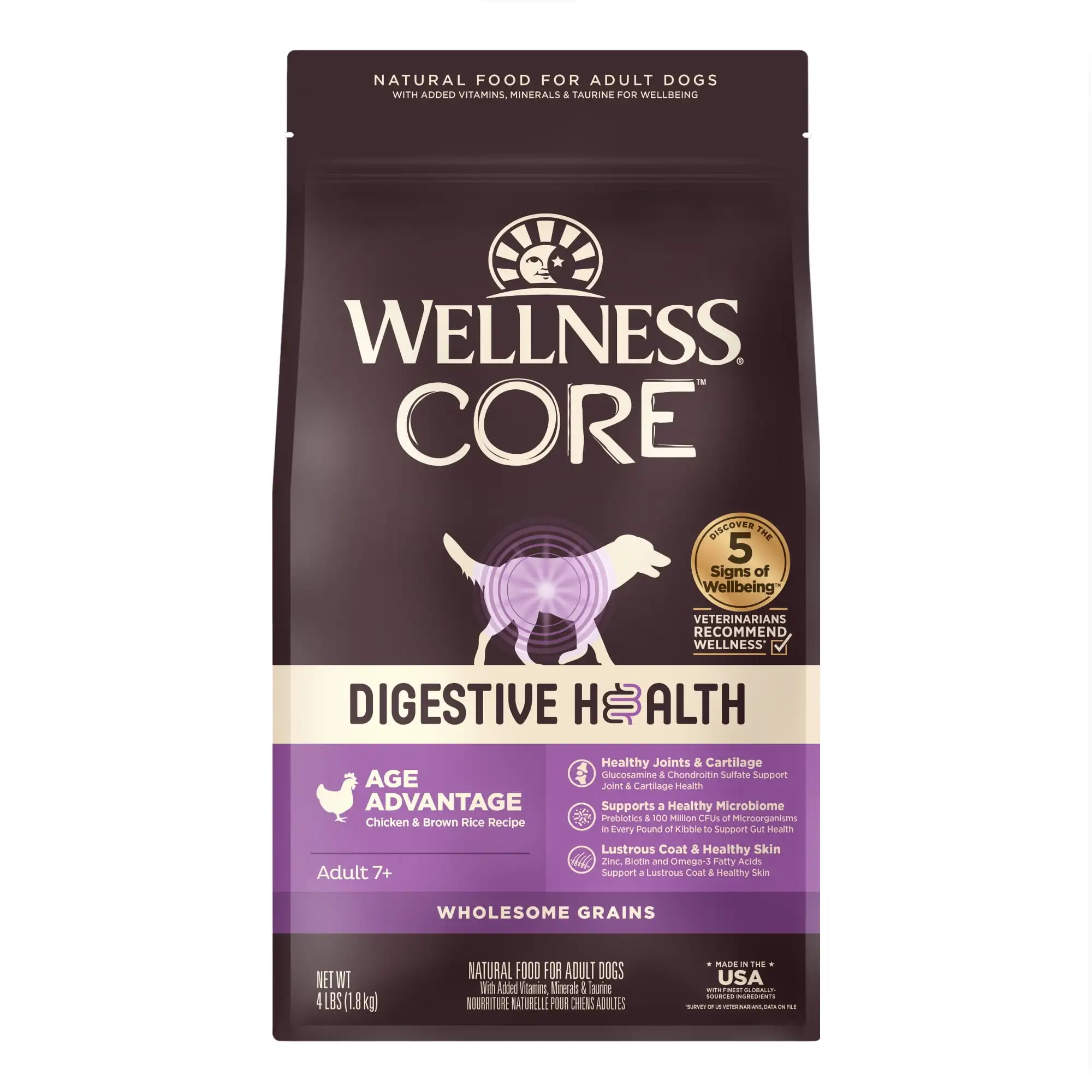 Wellness CORE-comida seca para perros mayores, comida para la salud cardiopulmonar con grano, receta de la ventaja de la edad con pollo, bolsa de 4 libras