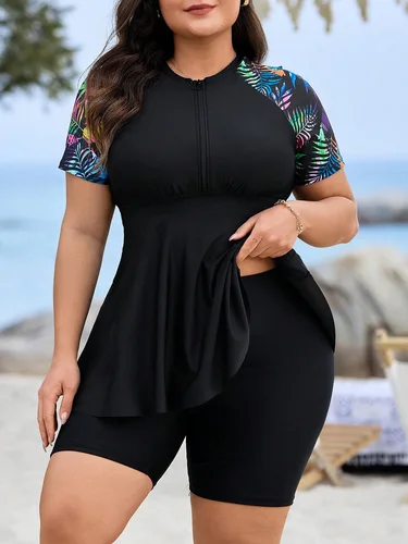 Imagen 2 del producto Trajes de baño de talla grande de 2 piezas para mujer, traje de baño Tankini con cremallera, Top de baño de manga corta, trajes de baño para surfear, trajes de playa de cintura alta