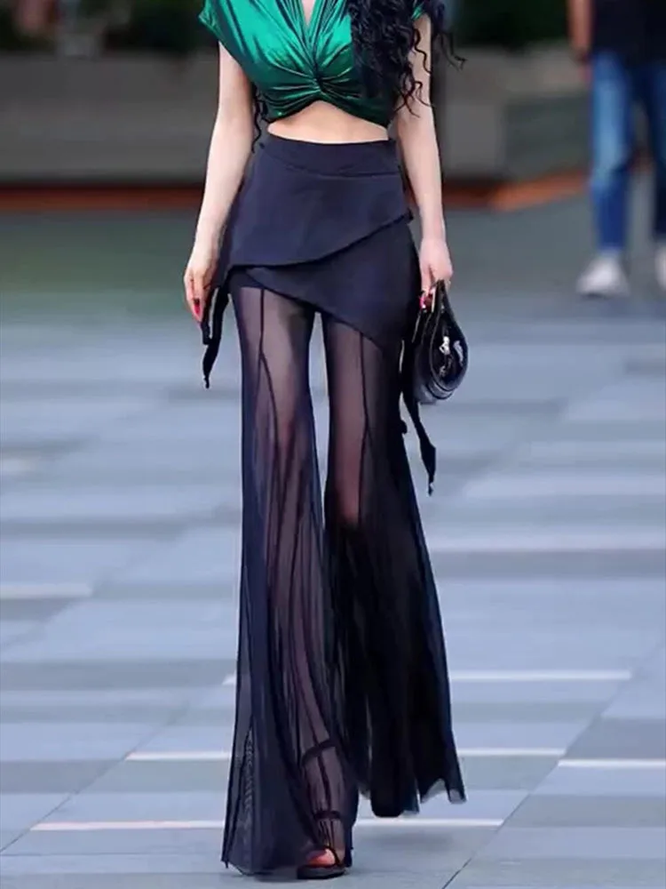 Summer Black Mesh Patchwork Skirts Women Sexy High Waist Slim A-line Transparent Long Skirt Korean Ins Y2k Streetwear