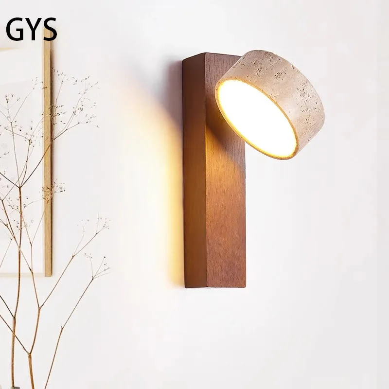 

Led Wall Lamp Bedroom Beside Light Wabi Sabi Style Wooden Stone Lighting Fixture Walnut Log Wood Color Natural Lights Rotatable