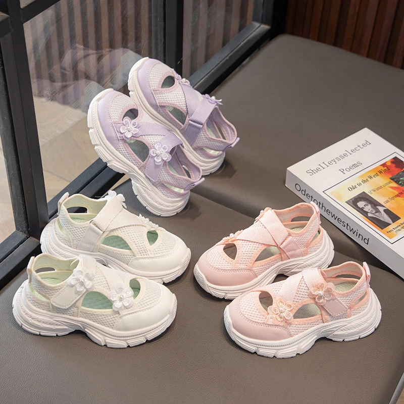 Girls Sandals Mesh Breathable Kids Princess Casual Shoes Soild Color Versatile 2026 Summer New Children Sports Sandals Soft Sole