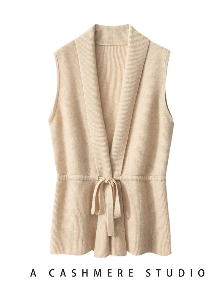 Women's Waistcoat Slim Sleeveless Cardigan 100% Merino Wool Autumn Winter Vest Sweater Waistcoat Lace-up Warm Knit Pullover Vest