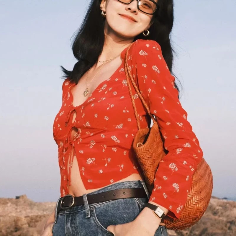 

French Temperament Red Floral Sexy Bow Tie Shirt Female Spring Irregular V-neck Blouse