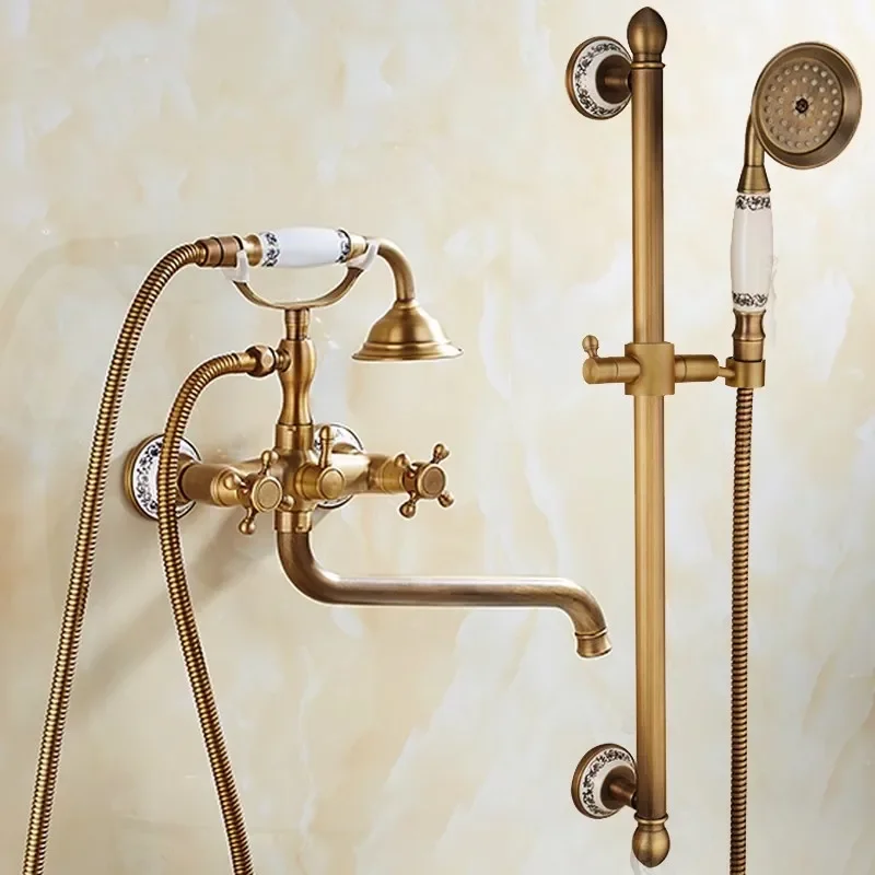 

Antique Bathtub Shower Set Wall Mounted Brass Faucet Bathroom Hot and Cold Bath and Mixer Taps Brass