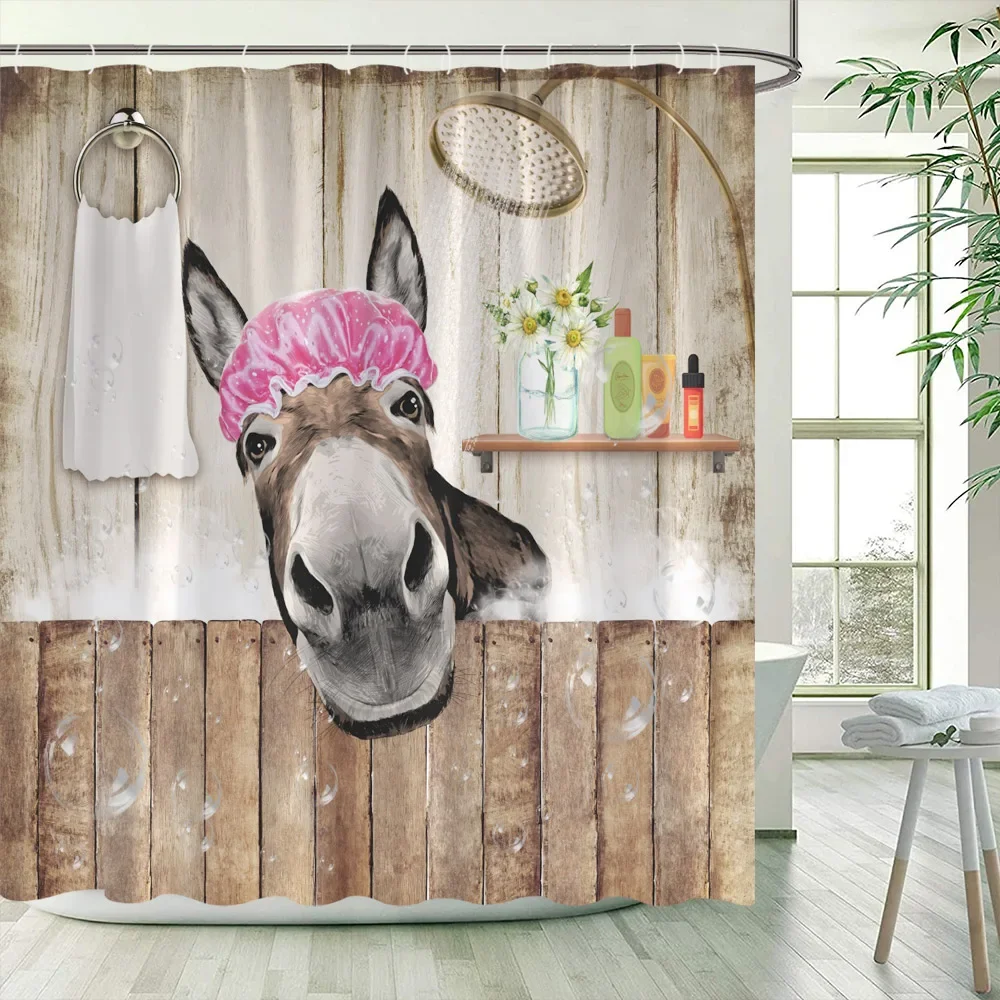 Funny Donkey Shower Curtains Vintage Barn Wooden Door Sunflower Farm Animal Bath Curtain Set Polyester Bathroom Decor with Hooks