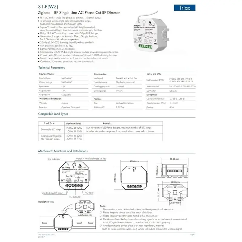 ABNL R11 Remote Control Single Line AC Phase Cut RF Dimmer S1-F(WZ) 100-240VAC 1Chx1.5A For Switch Color Dimmable LED Light