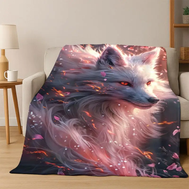 Fairy Tale Fox Cartoon Flannel Blanket Soft Warm Throw Blanket for Bedroom Living Room Bed Travel Camping Picnic Gift