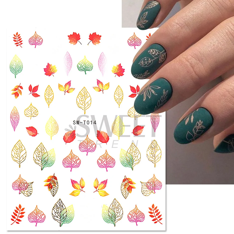 Hojas doradas de lujo para manicura, diseño de hoja de arce, pegatinas holográficas, cubierta completa, deslizador adhesivo, láminas de decoración DIY, SASW-T025