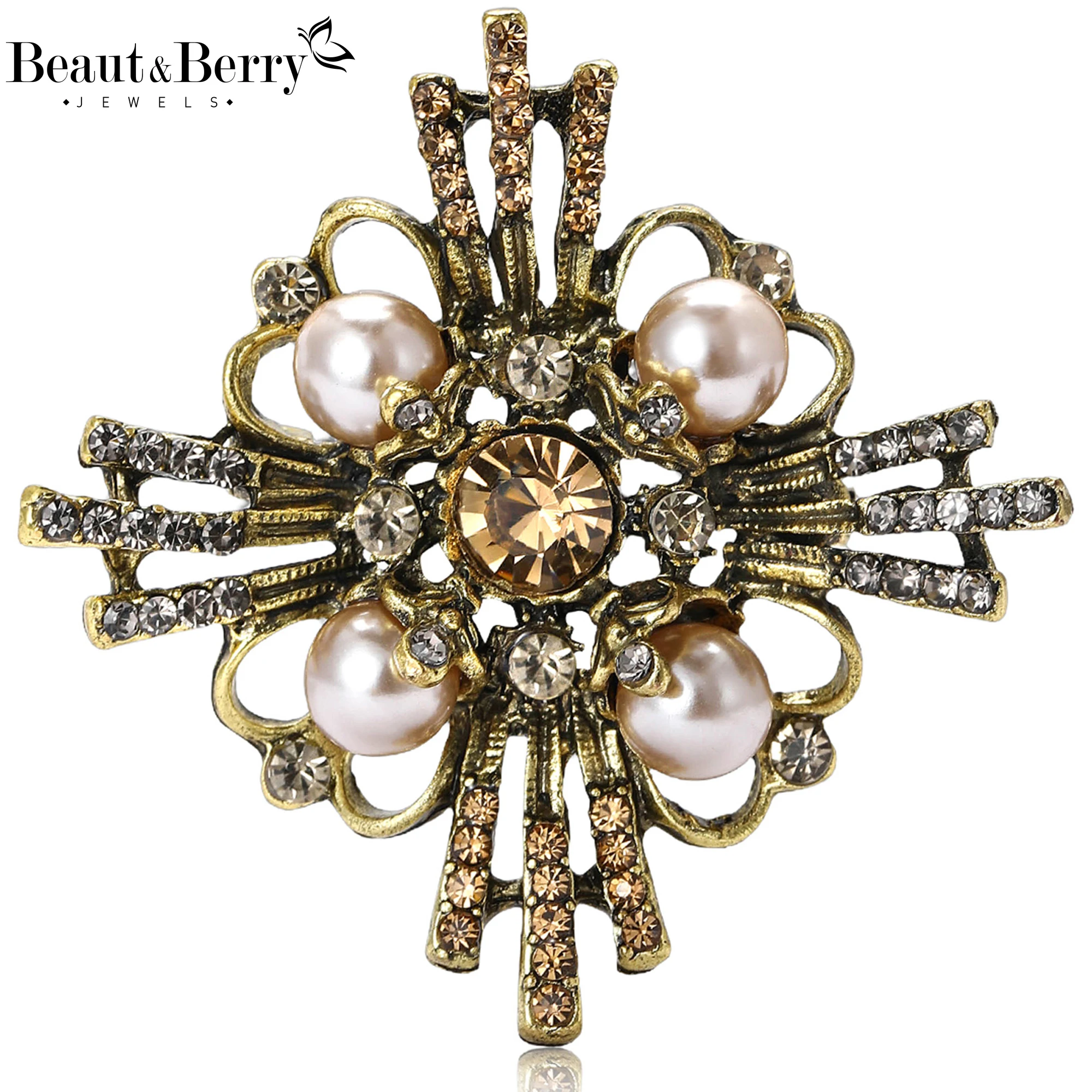 Beaut&Berry Luxury Baroque Pearl Brooches for Women Unisex Cross Pins Casual Party Accessories New Year Gifts Friends Decoration