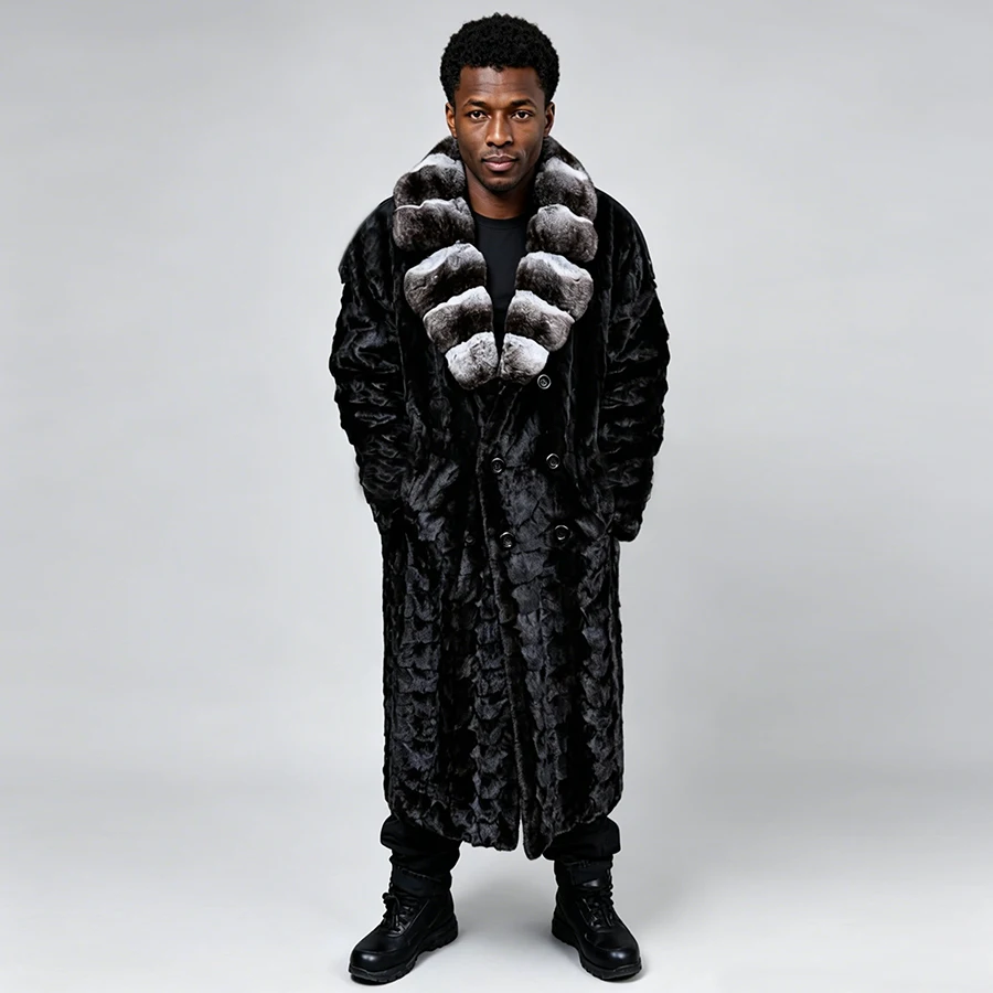 

Men's Cropped Mink Trench With Rex Rabbit Fur Collar Black Real Mink Fur Coat Long Genuine Fur Coat New Natural Fur Jacket