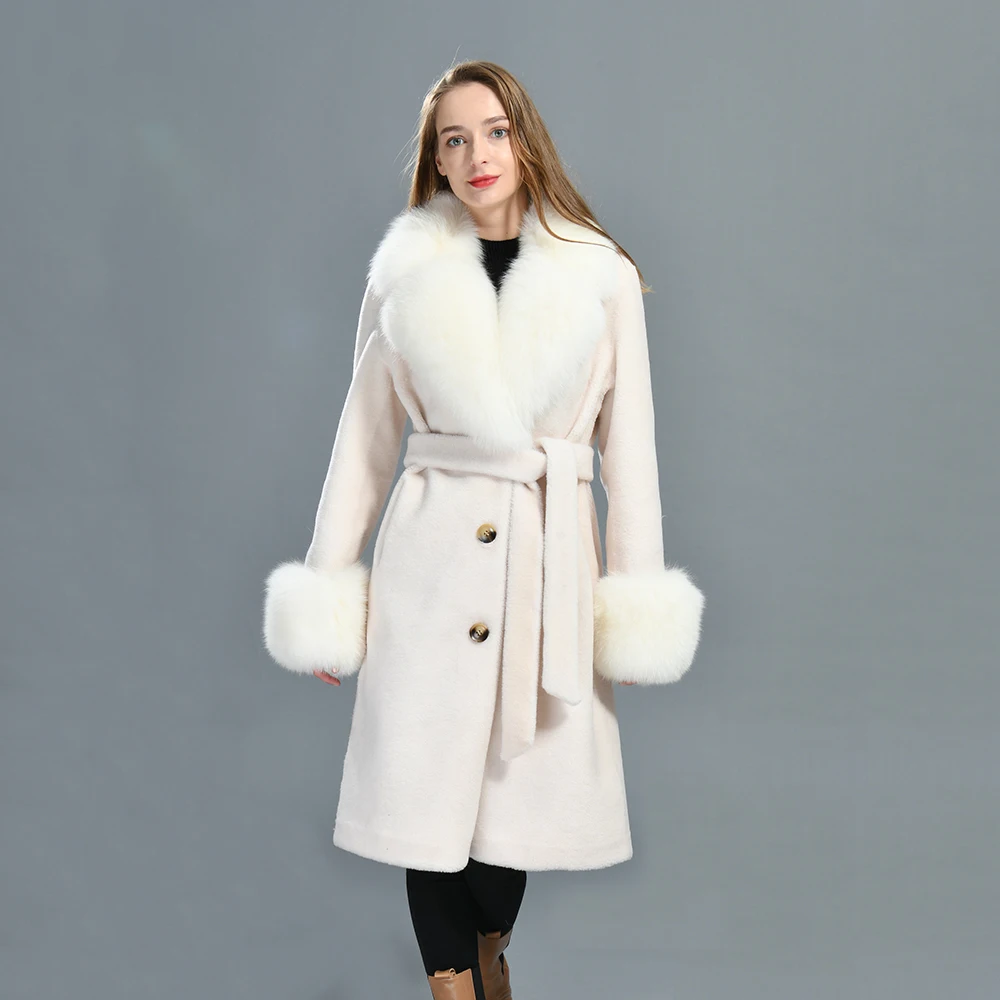 Jaxmonoy Women's Wool Coat with Real Fox Fur Collar and Cuffs Monochrome Long Style Lamb Fur Coats Warm Winter New In Outerwear