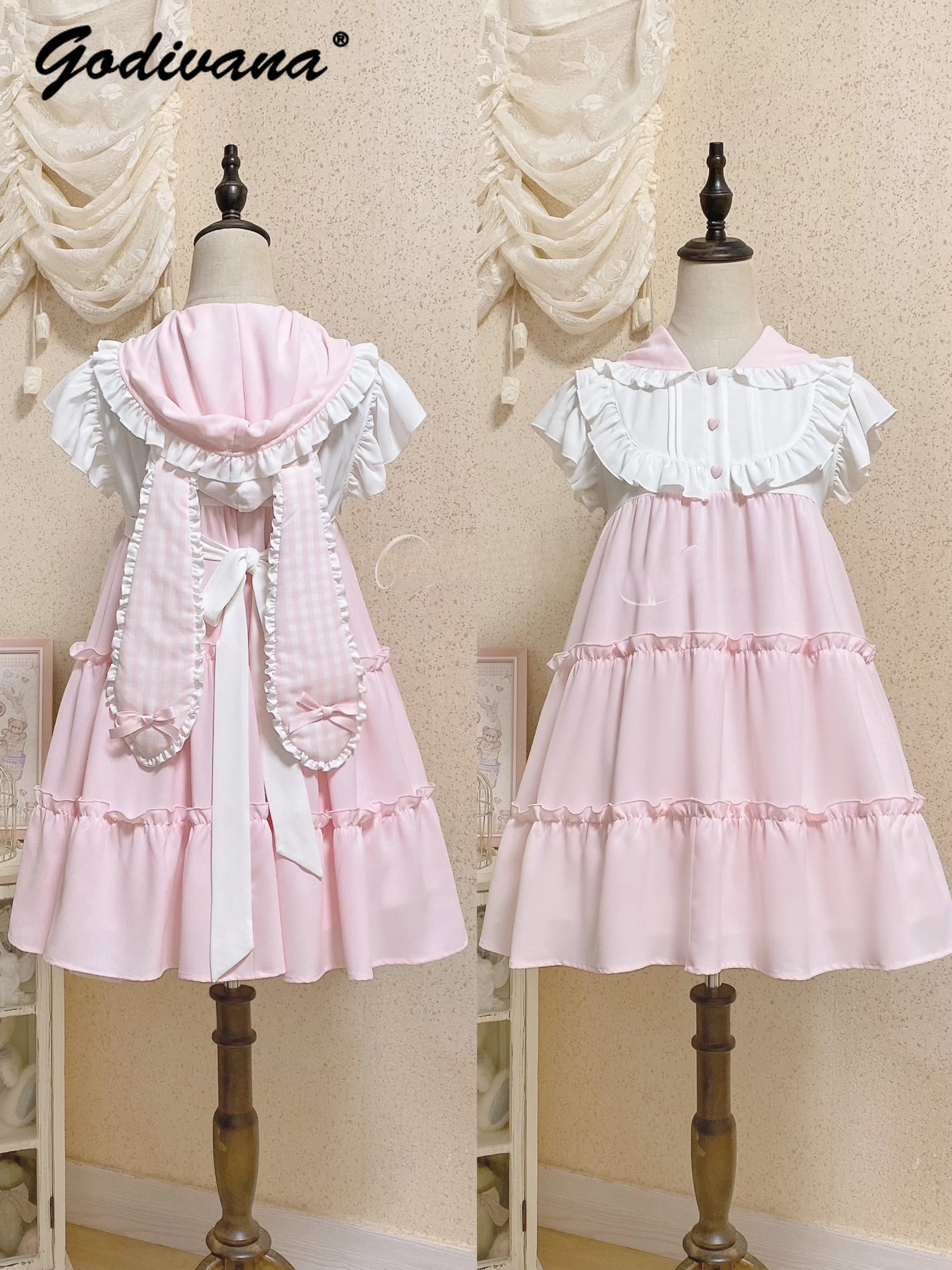 

Cute Rabbit Ears Flying Sleeve Doll Dress Original Hooded Sleeveless Pullover Pink White Sweet Girl Women's Kawaii Short Dresses