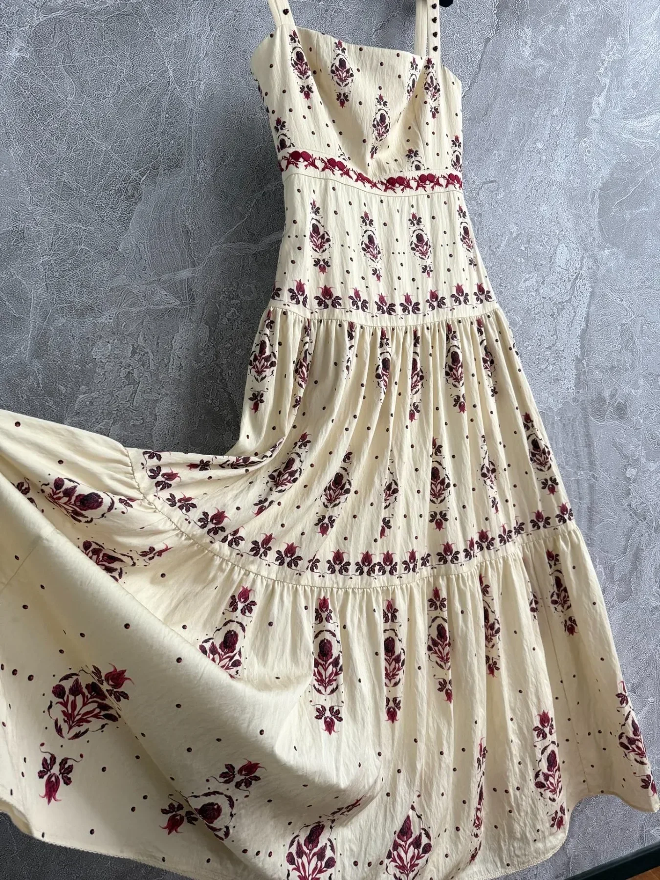 Beige Embroidery Floral Print Sleeveless Sling Women's Summer Dress Viscose