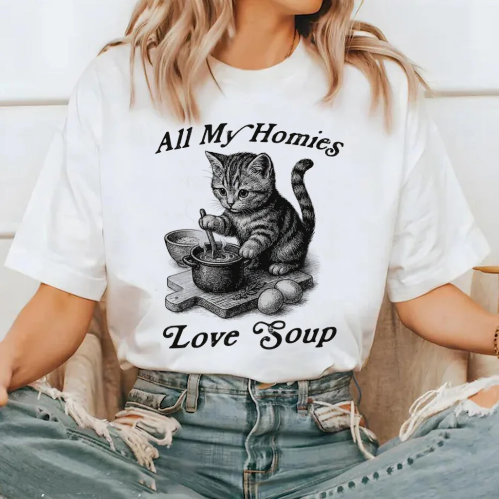 

All My Homies Love Soup Printed Fun Cat Pattern Women's Cute T-Shirt Casual Versatile Women's Round Neck Top White Cartoon T-Shi