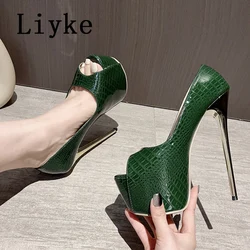 Liyke 2024 New Green High Heels Women Platform Sandals Sexy Snake Print Peep Toe Club Stripper Pole Dance Shoes Pumps Size 35-42