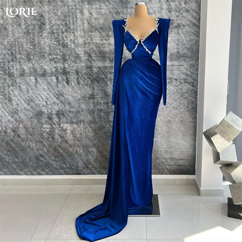 

LORIE Ocean Blue Formal Evening Dresses Cap Sleeves Beaded V-Neck Pleated Prom Dress Africa Arabia Bride Celebrity Party Gowns