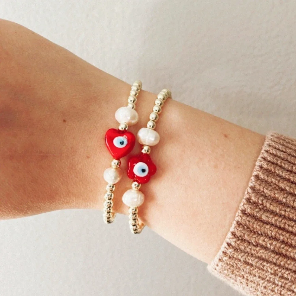 CCGOOD Evil Eye Pearl Bracelet 18K Gold Plated Ball Beads Boho Adjustable Jewelry for Women Spiritual Gift Stackable Dainty