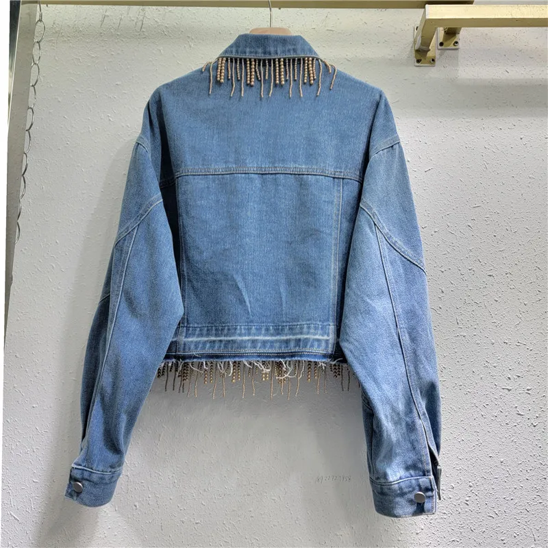 Trabalho pesado pérola frisado borla azul curto denim jaqueta feminina primavera casual coreano turndown colarinho manga longa jeans jaqueta casaco