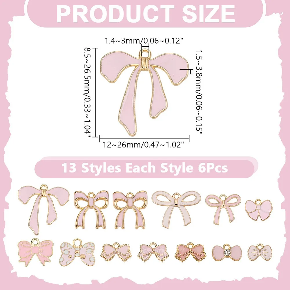 

82Pcs 13 Styles Alloy Pendants with Enamel Bowknot Pink 8.5~26.5x12~26x1.5~3.8mm Hole: 1.4~3mm 82pcs/set