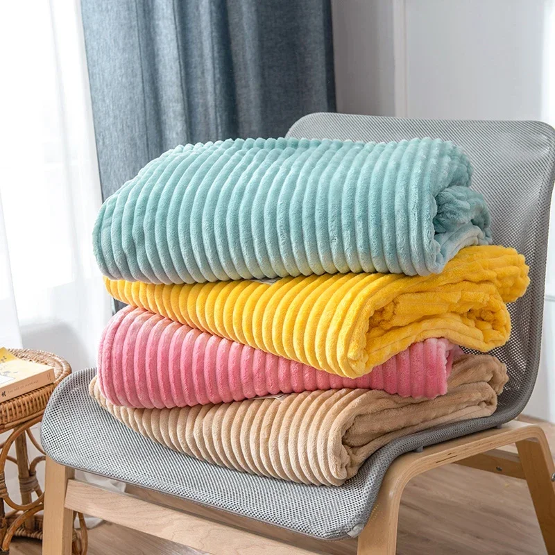 

Striped Flannel Blankets For Beds Solid Pink Blue Color Soft Warm Mink Throw Sofa Cover Bedspread Beach Airplane Travel Blankets