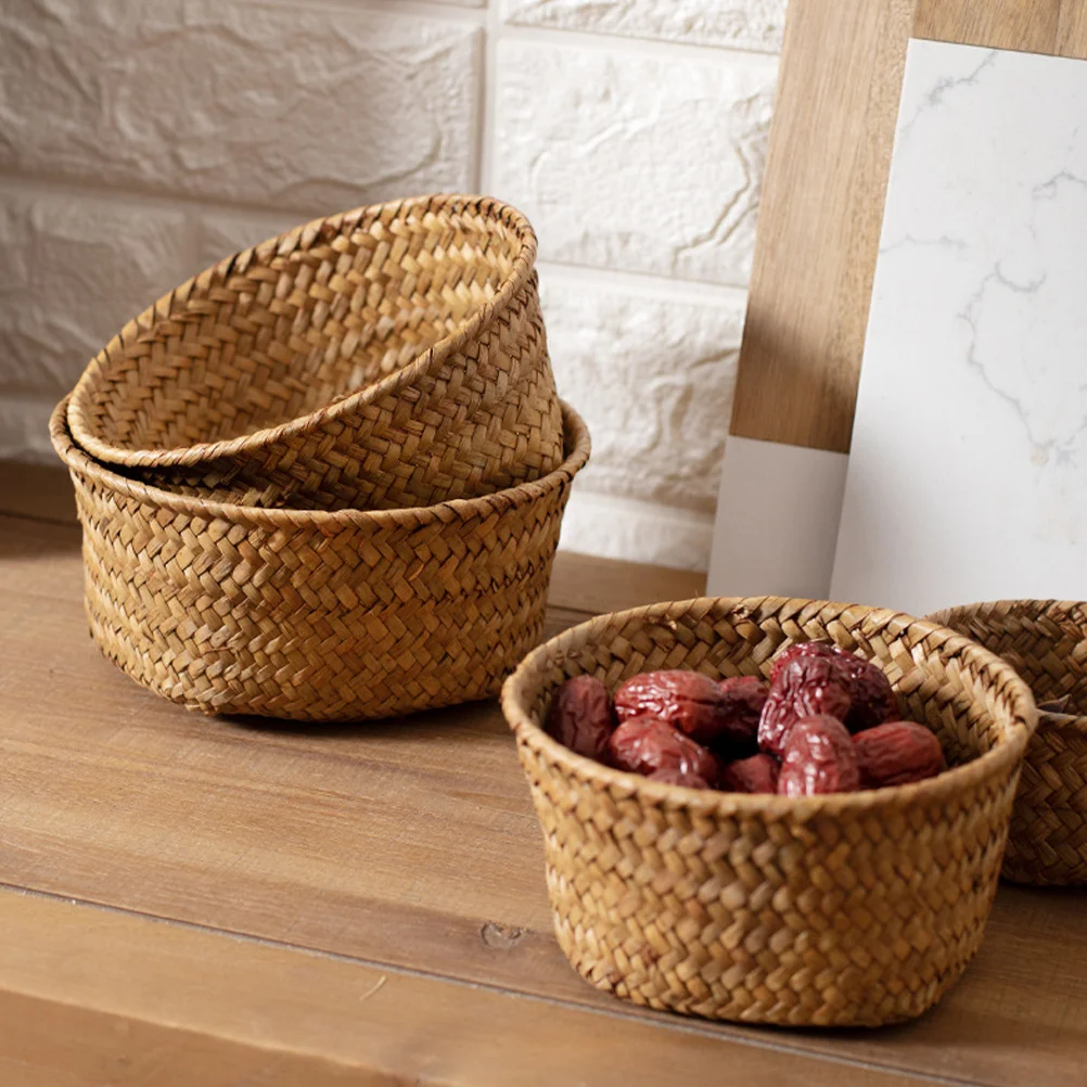 

Natural Seagrass Woven Storage Basket 13x5cm Round Small Household Fruit Snack Container Retro Bread Accessory Decorative